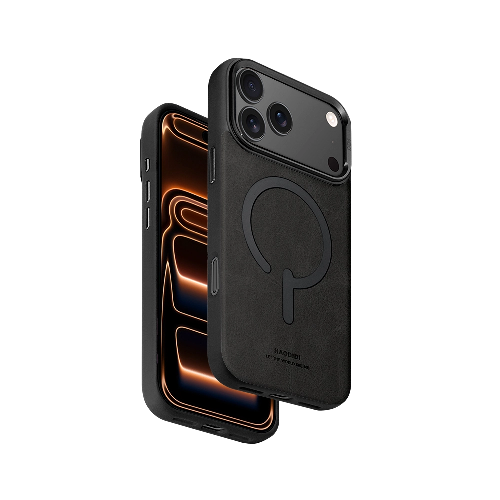 Black Leather Flip Stand iPhone Case for iPhone 17 Pro Max with hidden kickstand