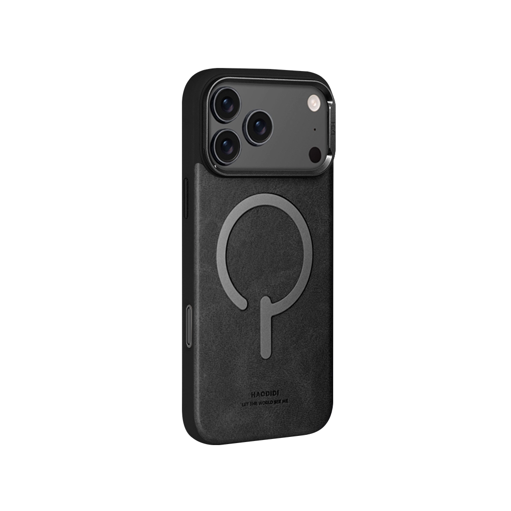 Black Leather Flip Stand iPhone Case for iPhone 17 Pro Max with hidden kickstand