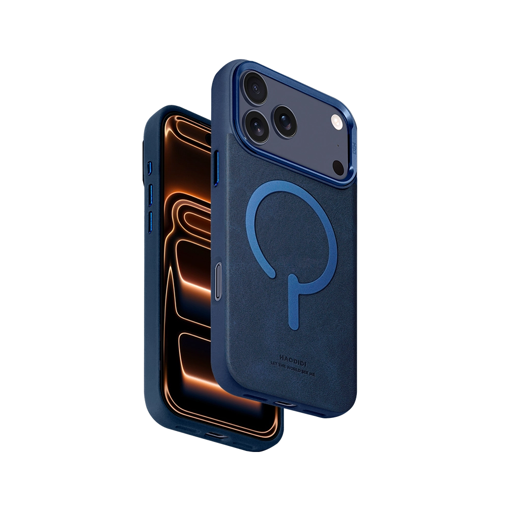 Blue Leather Flip Stand iPhone Case for iPhone 17 Pro Max with hidden kickstand