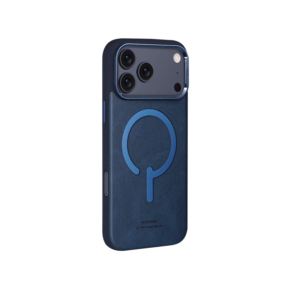Blue Leather Flip Stand iPhone Case for iPhone 17 Pro Max with hidden kickstand