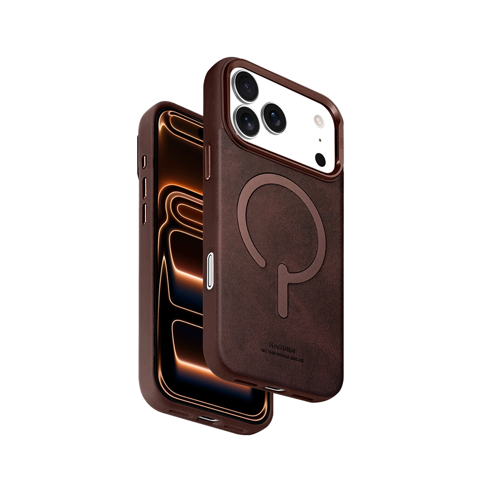 Dark Brown Leather Flip Stand iPhone Case for iPhone 17 Pro Max with hidden kickstand