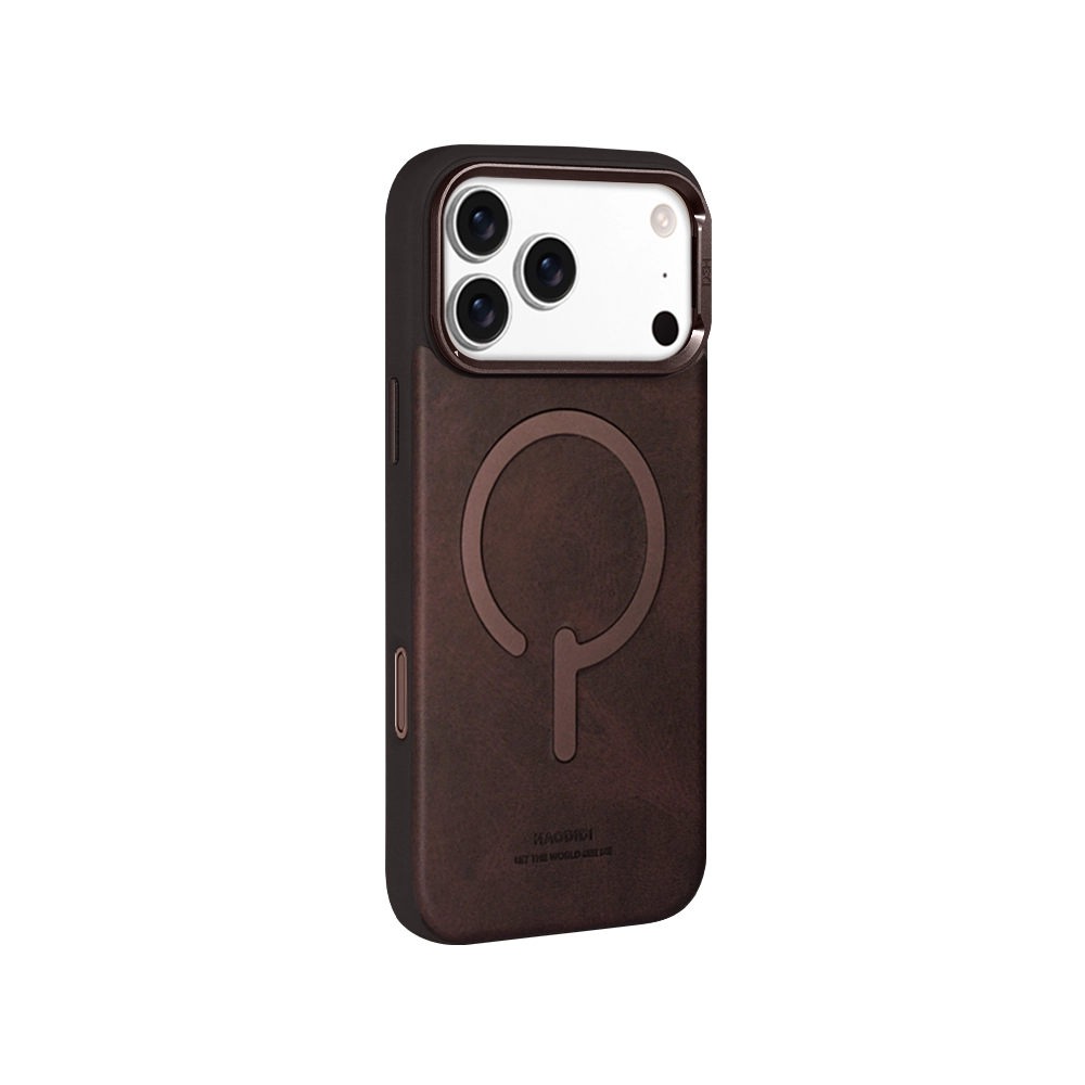 Dark Brown Leather Flip Stand iPhone Case for iPhone 17 Pro Max with hidden kickstand