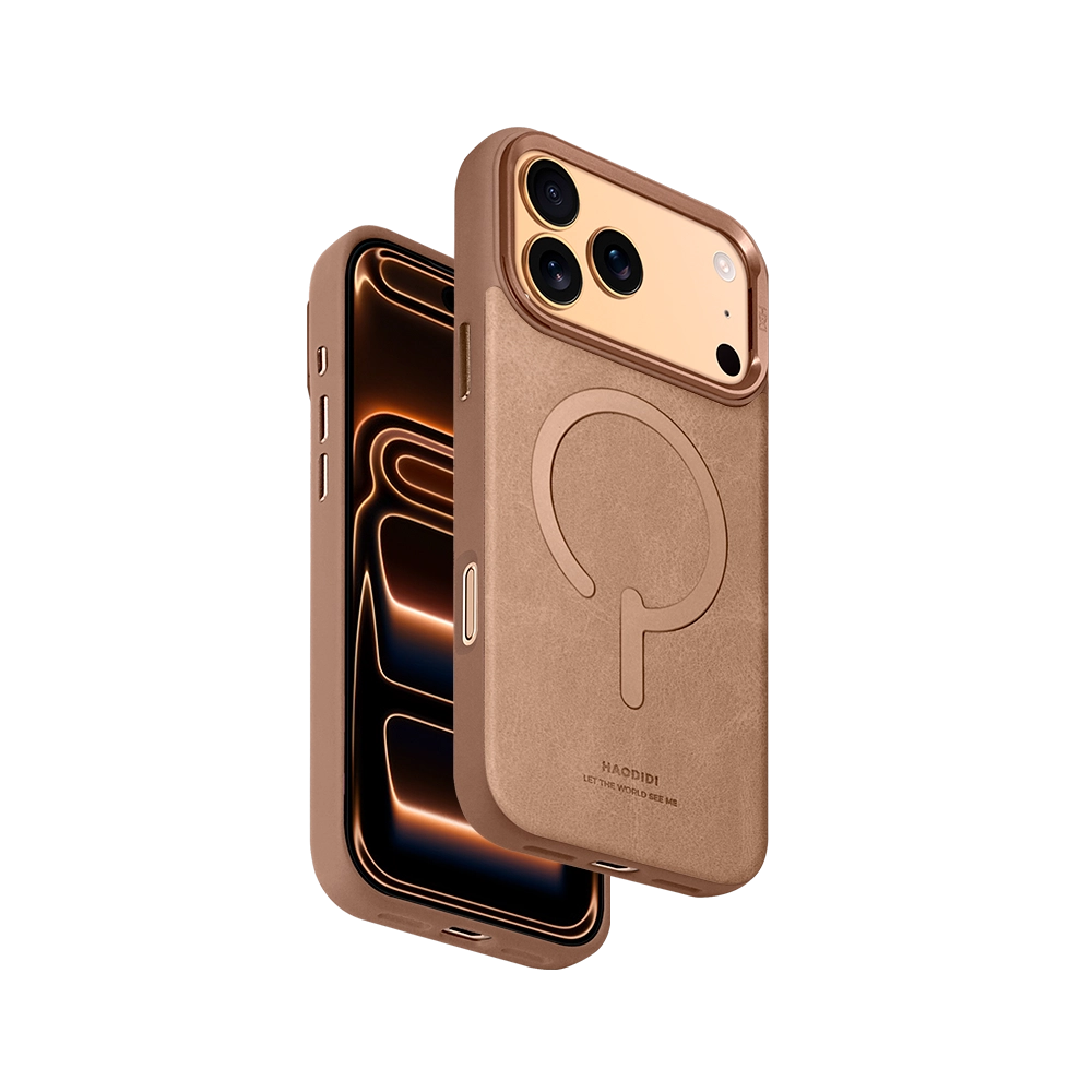 Desert Titanium Leather Flip Stand iPhone Case for iPhone 17 Pro Max with hidden kickstand