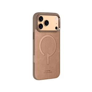 Desert Titanium Leather Flip Stand iPhone Case for iPhone 17 Pro Max with hidden kickstand