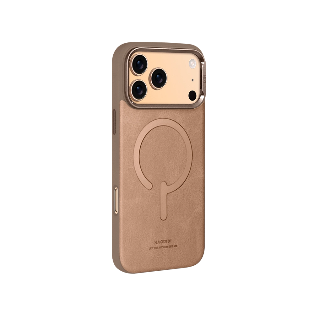 Desert Titanium Leather Flip Stand iPhone Case for iPhone 17 Pro Max with hidden kickstand