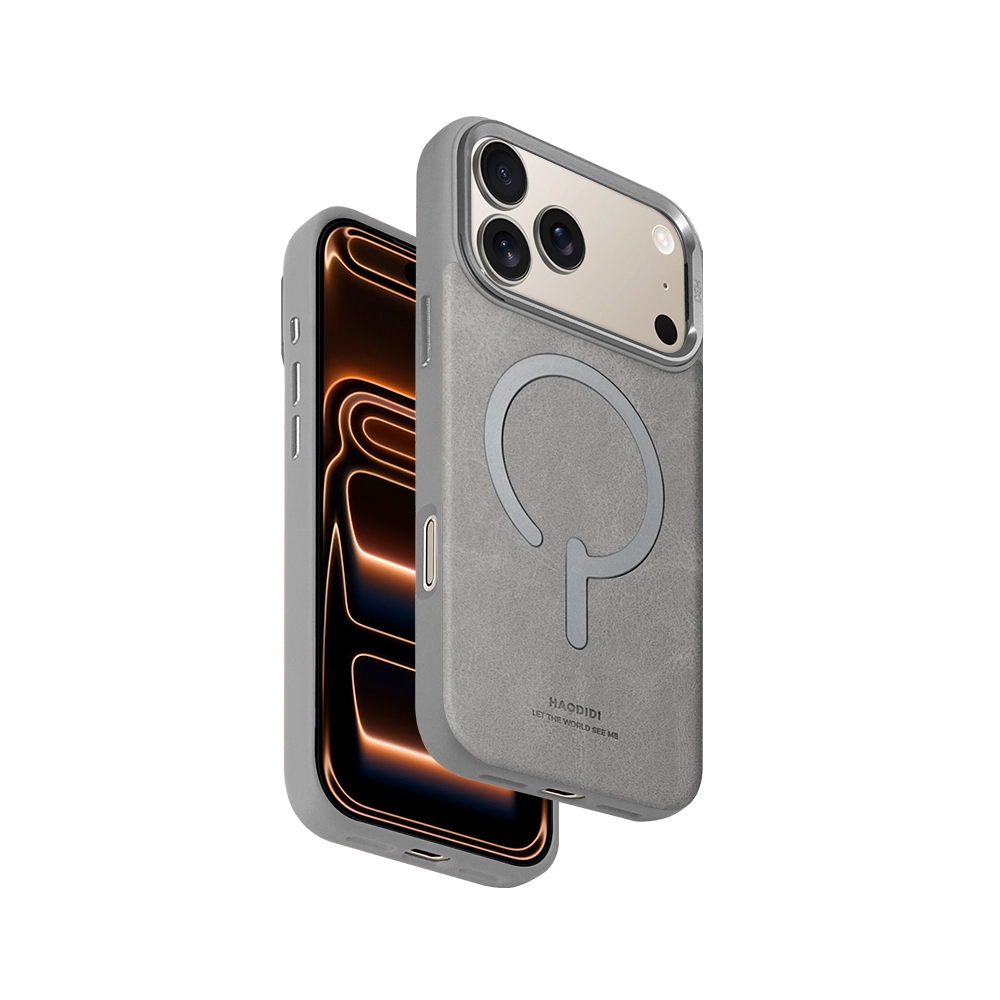 Natural Titanium Leather Flip Stand iPhone Case for iPhone 17 Pro Max with hidden kickstand