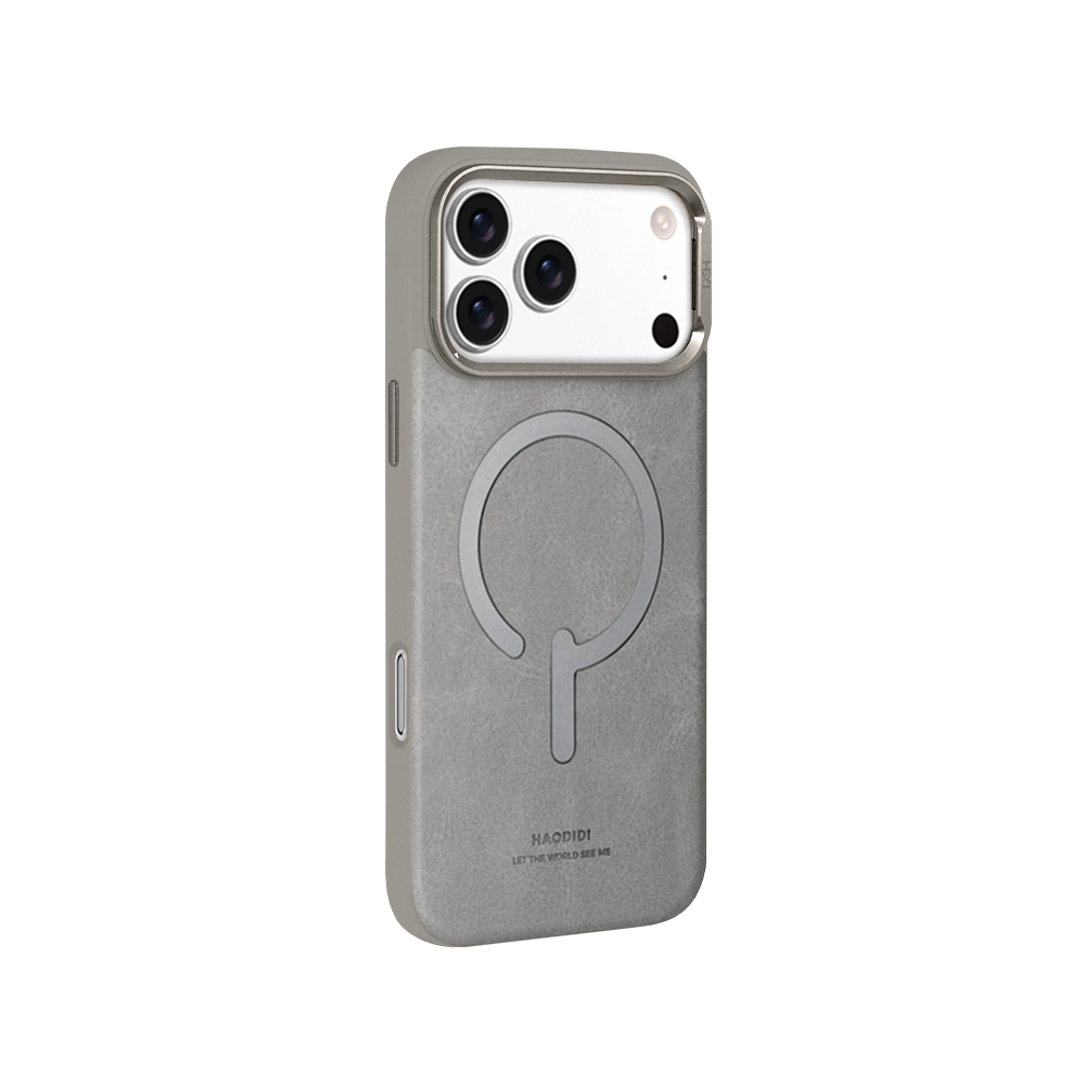 Natural Titanium Leather Flip Stand iPhone Case for iPhone 17 Pro Max with hidden kickstand