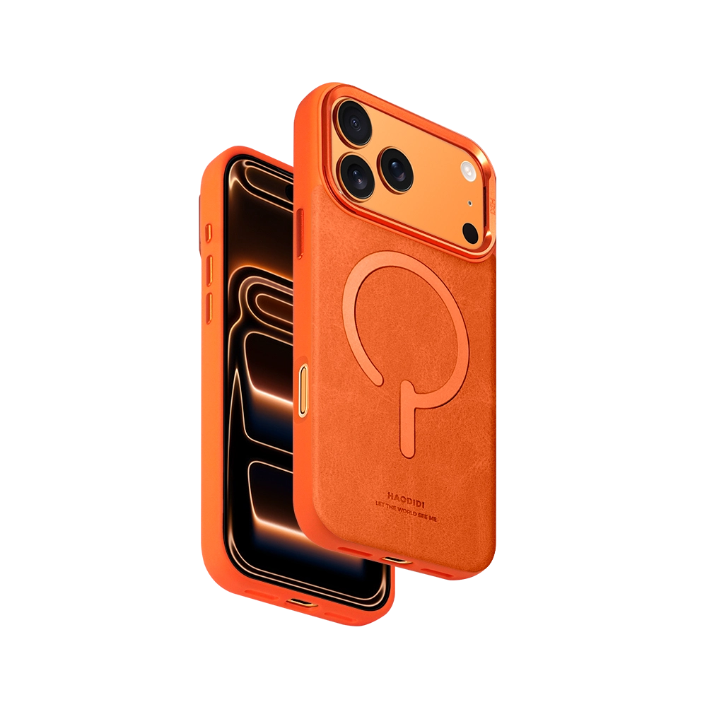 Orange Leather Flip Stand iPhone Case for iPhone 17 Pro Max with hidden kickstand