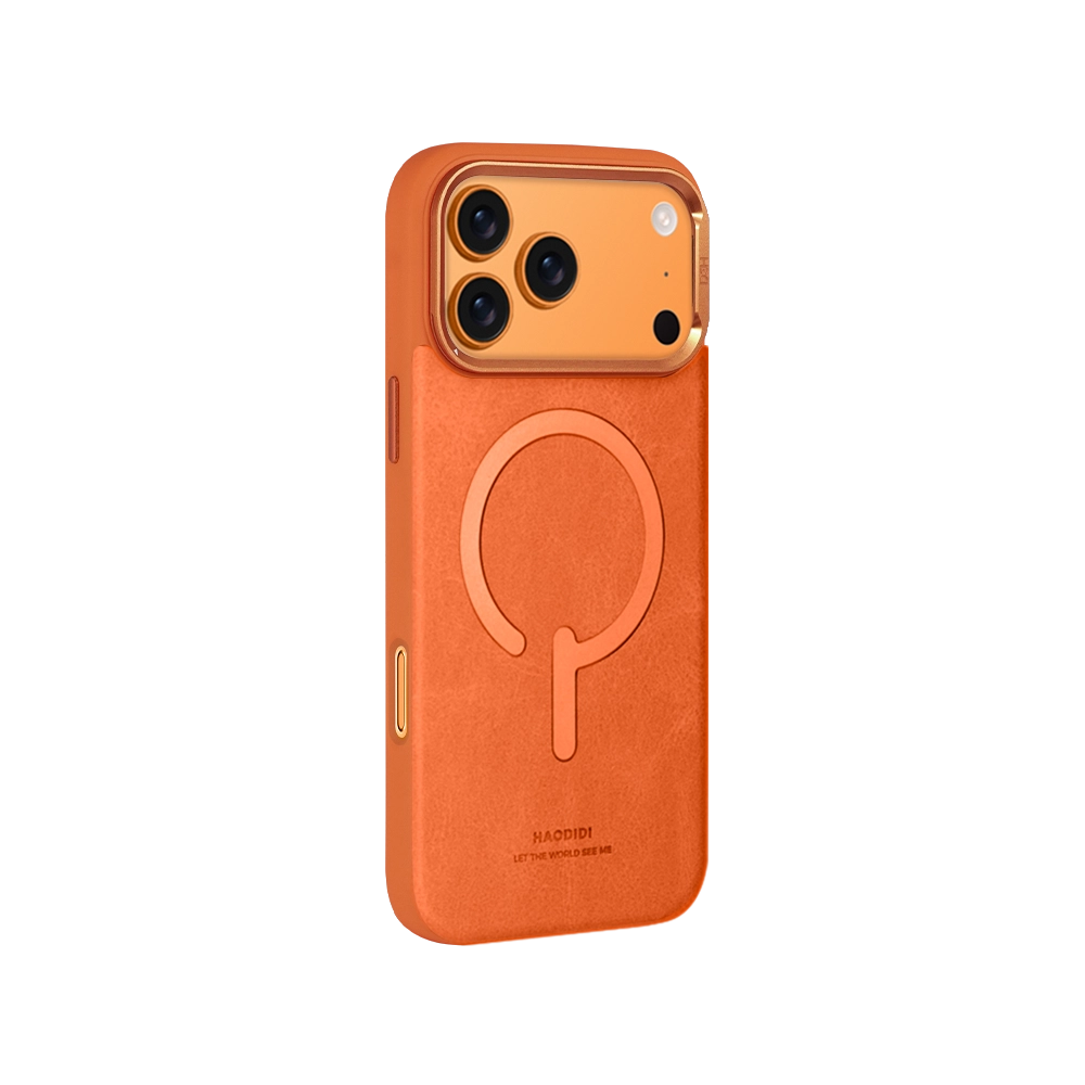 Orange Leather Flip Stand iPhone Case for iPhone 17 Pro Max with hidden kickstand