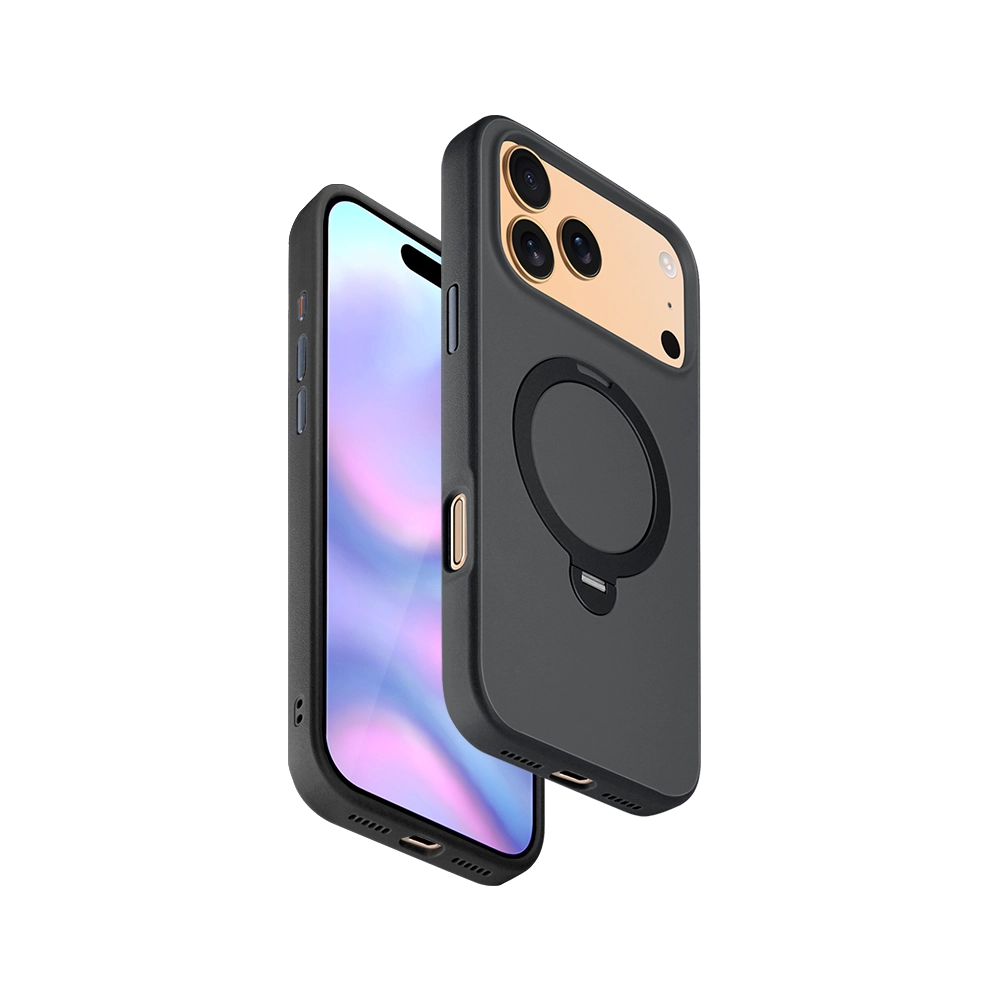 Black PU Leather Rotating Stand iPhone Case for iPhone 17 Pro Max with 360-degree rotating stand