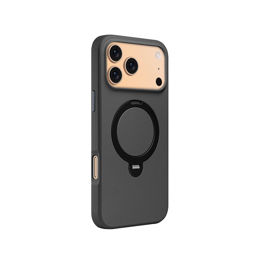 Black PU Leather Rotating Stand iPhone Case for iPhone 17 Pro Max with 360-degree rotating stand