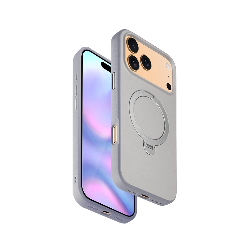 Natural Titanium PU Leather Rotating Stand iPhone Case for iPhone 17 Pro Max with 360-degree rotating stand