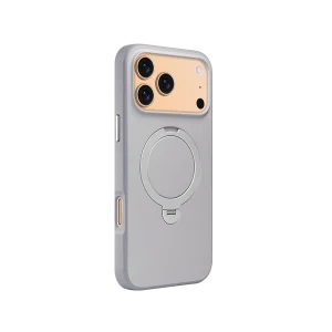 Natural Titanium PU Leather Rotating Stand iPhone Case for iPhone 17 Pro Max with 360-degree rotating stand