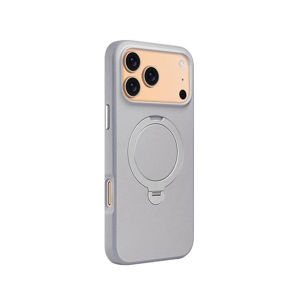 Natural Titanium PU Leather Rotating Stand iPhone Case for iPhone 17 Pro Max with 360-degree rotating stand