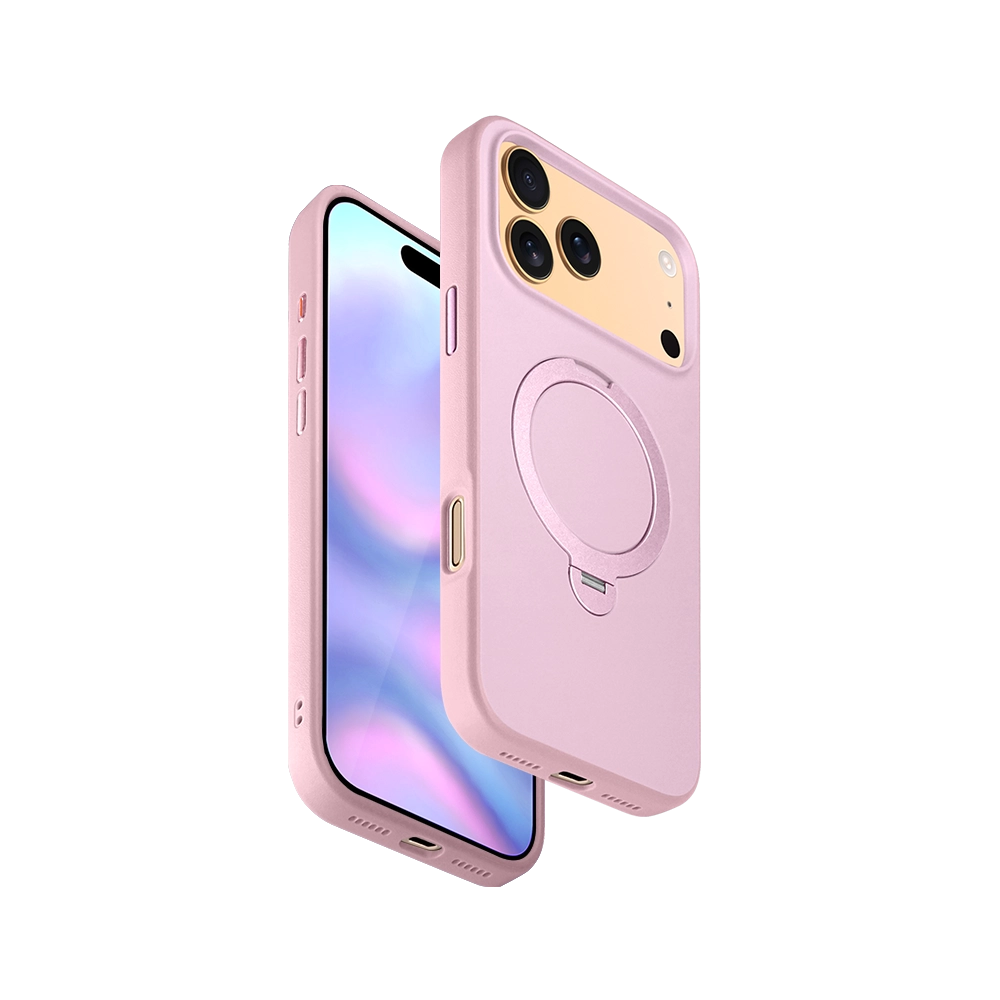 Pink PU Leather Rotating Stand iPhone Case for iPhone 17 Pro Max with 360-degree rotating stand