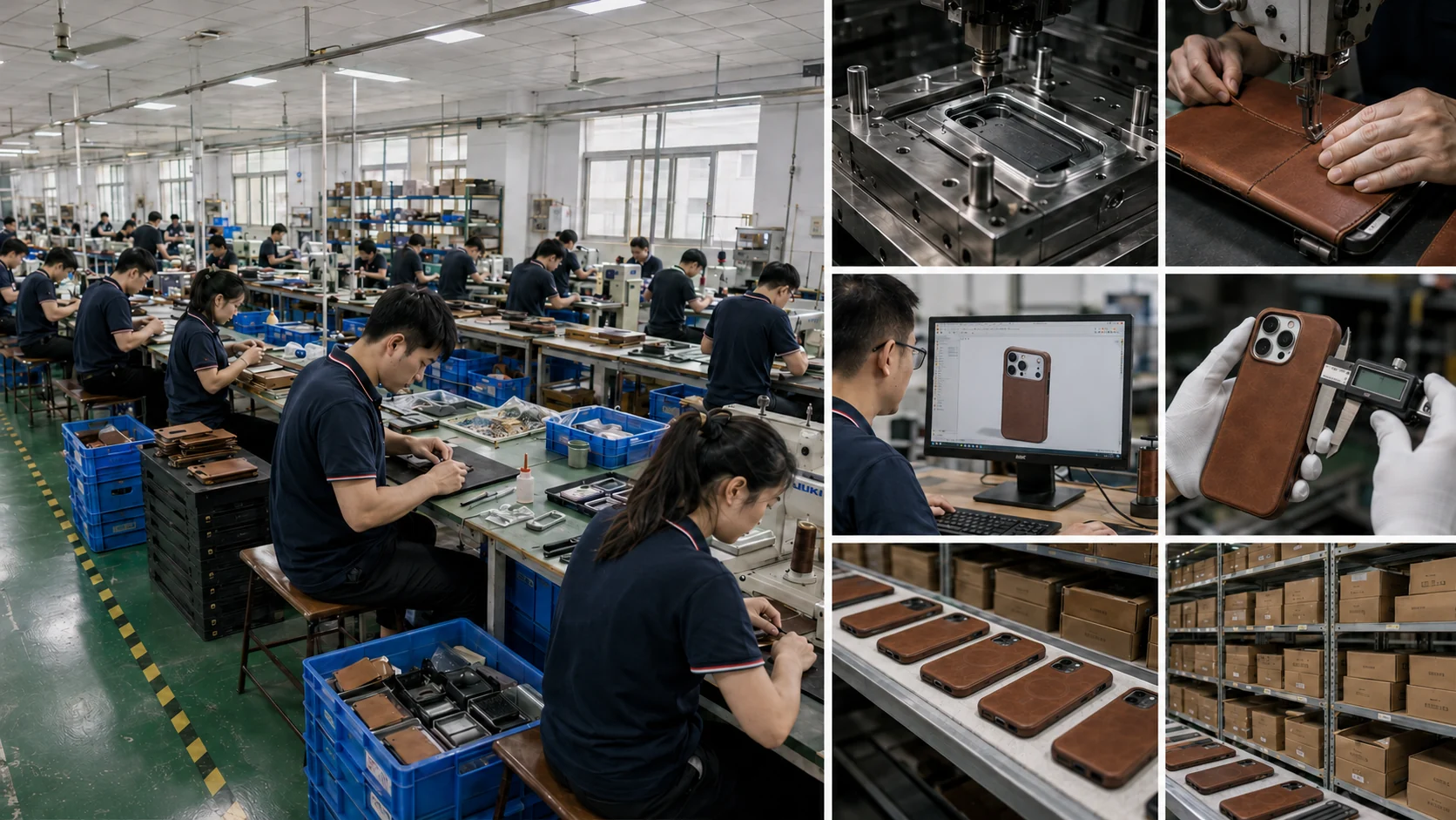 VELTAROX in-house factory manufacturing collage showing green-floor workshop, tooling, leather sewing, design, inspection and warehouse logistics