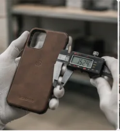 Quality control inspection of a leather phone case with digital caliper