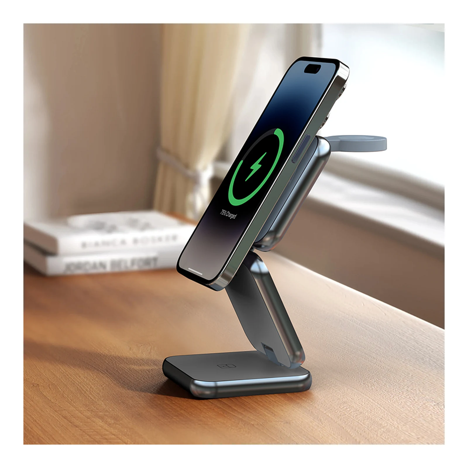 Foldable 3-in-1 charger in a desktop setting