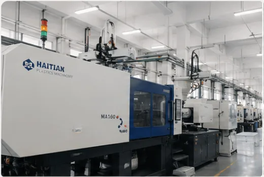 Injection molding equipment in a clean phone case manufacturing facility