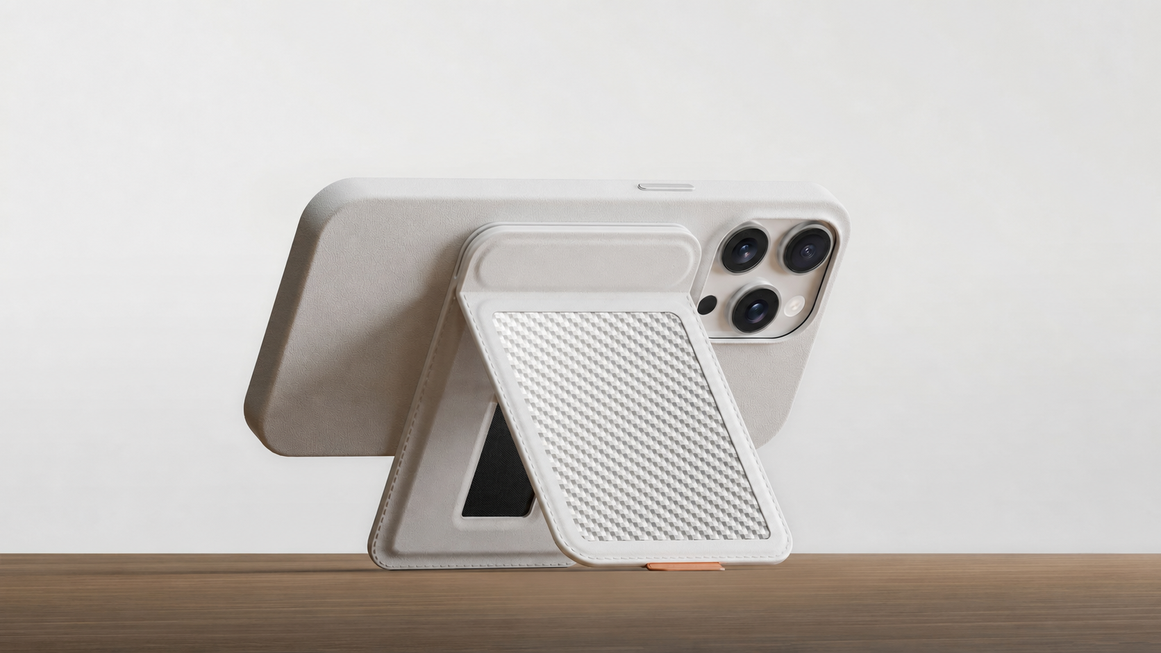 White magnetic card wallet stand supporting a phone in landscape mode