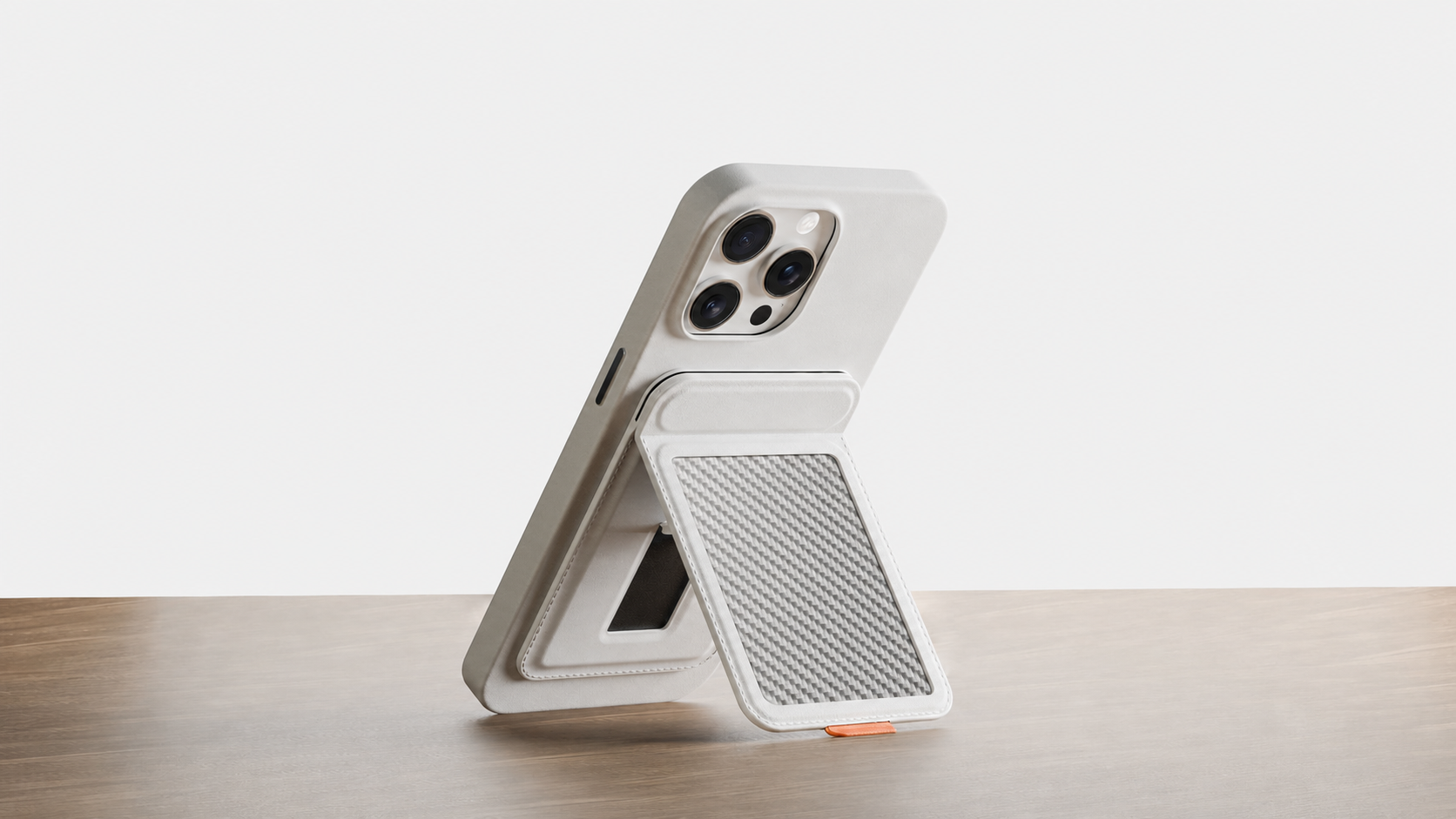 White magnetic card wallet stand supporting a phone in portrait mode