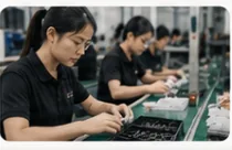 Skilled workers assembling premium phone case components on a production line