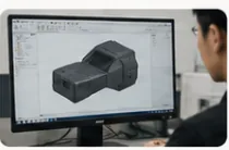 Engineer reviewing a 3D phone case design during in-house product development