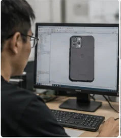 Phone case design reviewed on an engineering workstation